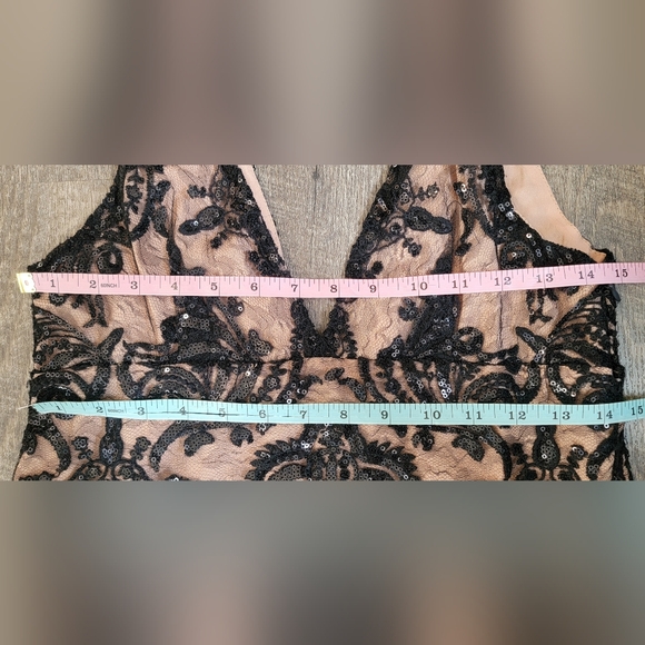 Free People Night Shimmers Micro Chemise Dress Woman's 4 Black Tan Sequined Lace - Picture 8 of 11